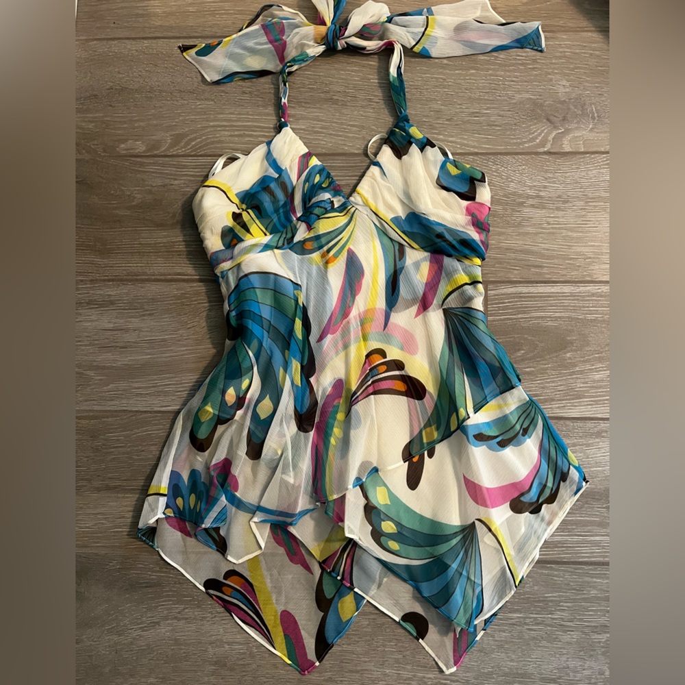 Designer BCBG Silk Butterfly Halter Top. Sz S